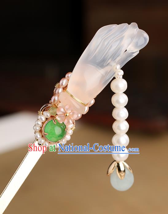 Chinese Classical Palace Jade Hair Stick Handmade Hanfu Hair Accessories Ancient Ming Dynasty Princess Pearls Tassel Hairpins