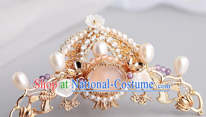 Chinese Classical Palace Crystal Hair Crown Handmade Hanfu Hair Accessories Ancient Ming Dynasty Princess Shell Pearls Hairpins