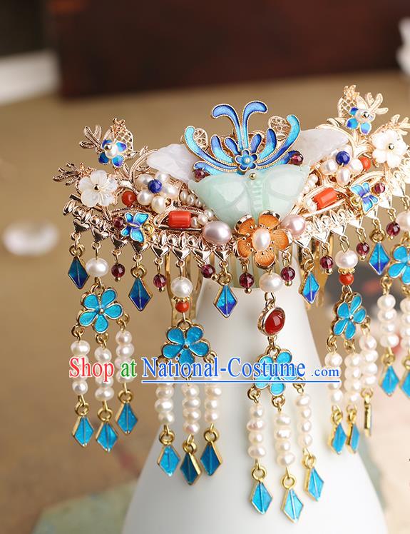 Chinese Classical Palace Pearls Tassel Hair Comb Handmade Hanfu Hair Accessories Ancient Ming Dynasty Princess Jade Butterfly Hairpins