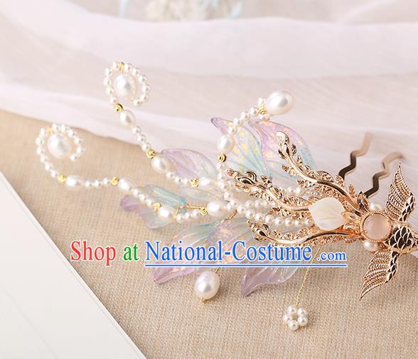 Chinese Classical Palace Lilac Phoenix Hair Sticks Handmade Hanfu Hair Accessories Ancient Ming Dynasty Princess Pearls Hairpins