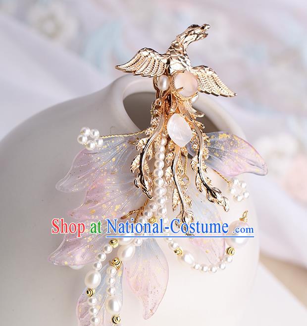 Chinese Classical Palace Pink Phoenix Hair Sticks Handmade Hanfu Hair Accessories Ancient Ming Dynasty Princess Pearls Hairpins