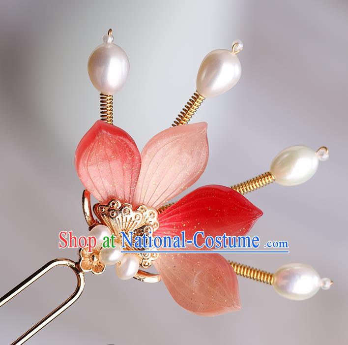 Chinese Classical Palace Red Flower Hair Sticks Handmade Hanfu Hair Accessories Ancient Song Dynasty Princess Hairpins