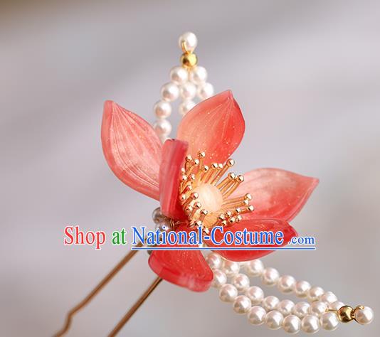 Chinese Classical Palace Red Lotus Hair Sticks Handmade Hanfu Hair Accessories Ancient Song Dynasty Princess Hairpins