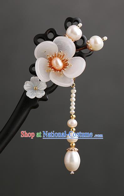 Chinese Classical Palace Plum Ebony Hair Sticks Handmade Hanfu Hair Accessories Ancient Ming Dynasty Princess Pearls Tassel Hairpins