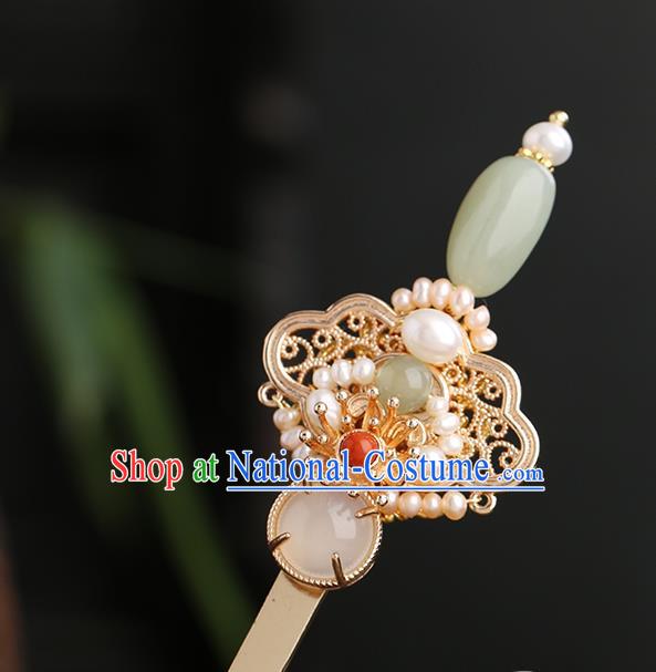 Chinese Classical Palace Jade Pearls Hair Sticks Handmade Hanfu Hair Accessories Ancient Ming Dynasty Princess Golden Hairpins