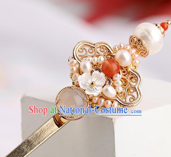 Chinese Classical Palace Pearls Hair Sticks Handmade Hanfu Hair Accessories Ancient Ming Dynasty Princess Golden Hairpins