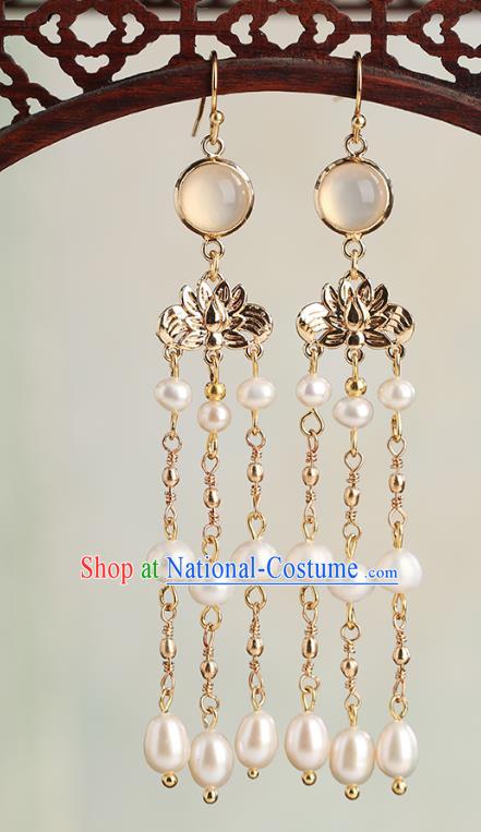 Chinese Handmade Tassel Pearls Earrings Classical Ear Accessories Hanfu Ming Dynasty Empress Golden Lotus Eardrop