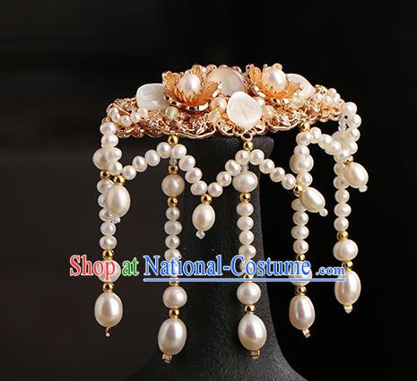 Chinese Classical Palace Long Tassel Pearls Hair Sticks Handmade Hanfu Hair Accessories Ancient Ming Dynasty Princess Shell Hairpins