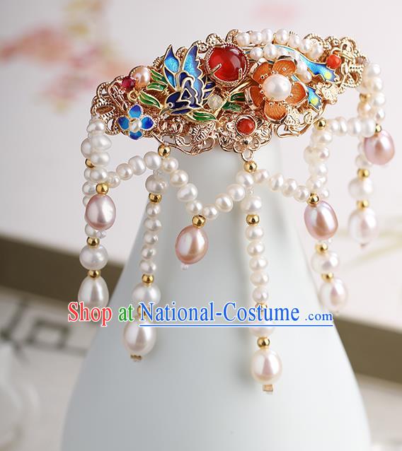 Chinese Classical Palace Blueing Long Tassel Hair Sticks Handmade Hanfu Hair Accessories Ancient Ming Dynasty Princess Shell Pearls Hairpins