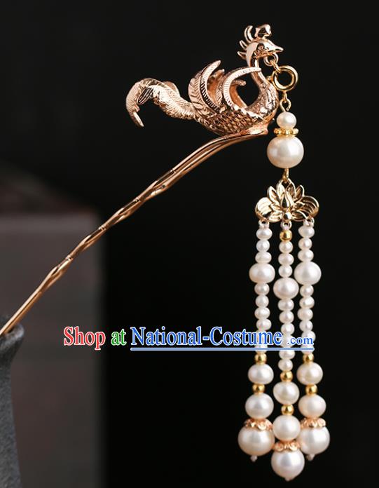 Chinese Classical Palace Phoenix Hair Sticks Handmade Hanfu Hair Accessories Ancient Ming Dynasty Princess Pearls Tassel Golden Hairpins