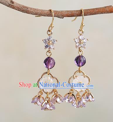 Chinese Handmade Purple Crystal Earrings Classical Ear Accessories Hanfu Ming Dynasty Princess Eardrop