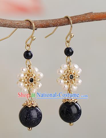 Chinese Handmade Blue Stone Earrings Classical Ear Accessories Hanfu Ming Dynasty Princess Pearls Eardrop