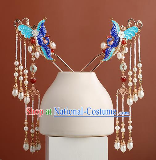 Chinese Classical Palace Blueing Phoenix Hair Sticks Handmade Hanfu Hair Accessories Ancient Ming Dynasty Princess Pearls Tassel Hairpins