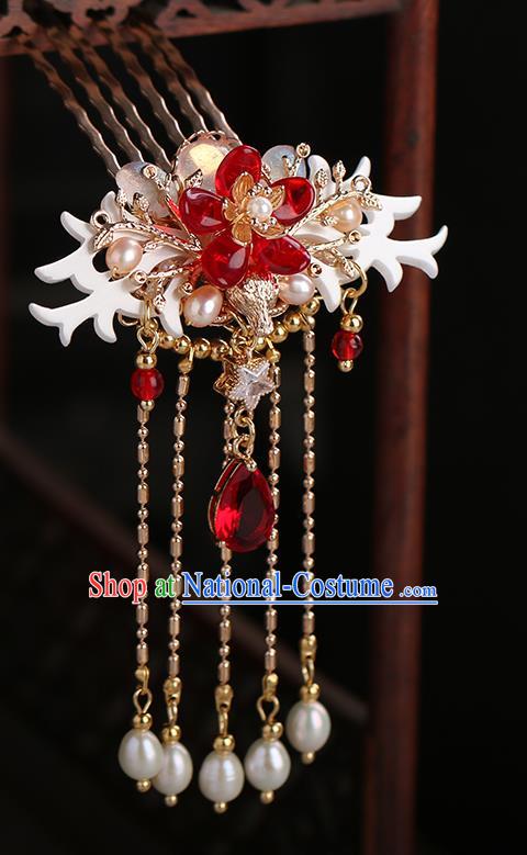 Chinese Classical Palace Shell Hair Comb Handmade Hanfu Hair Accessories Ancient Ming Dynasty Princess Red Crystal Tassel Hairpins