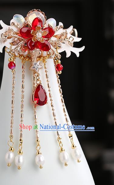 Chinese Classical Palace Red Crystal Tassel Hair Sticks Handmade Hanfu Hair Accessories Ancient Ming Dynasty Princess Shell Hairpins