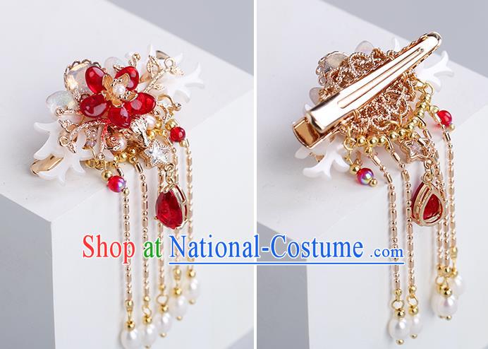 Chinese Classical Palace Red Crystal Tassel Hair Sticks Handmade Hanfu Hair Accessories Ancient Ming Dynasty Princess Shell Hairpins