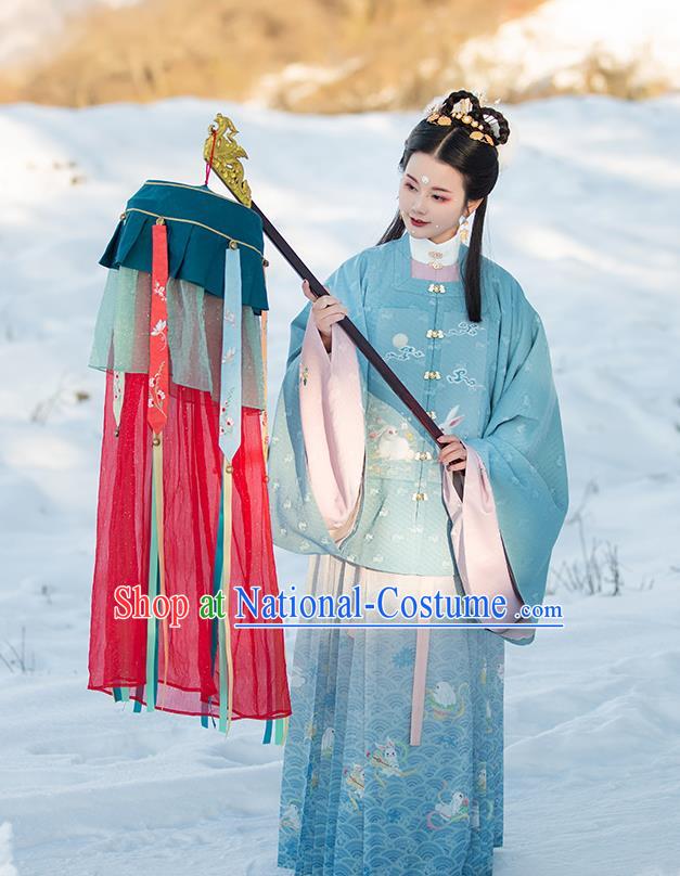 Chinese Ancient Patrician Lady Historical Costumes Traditional Ming Dynasty Hanfu Apparels Embroidered Blue Blouse and Skirt Complete Set