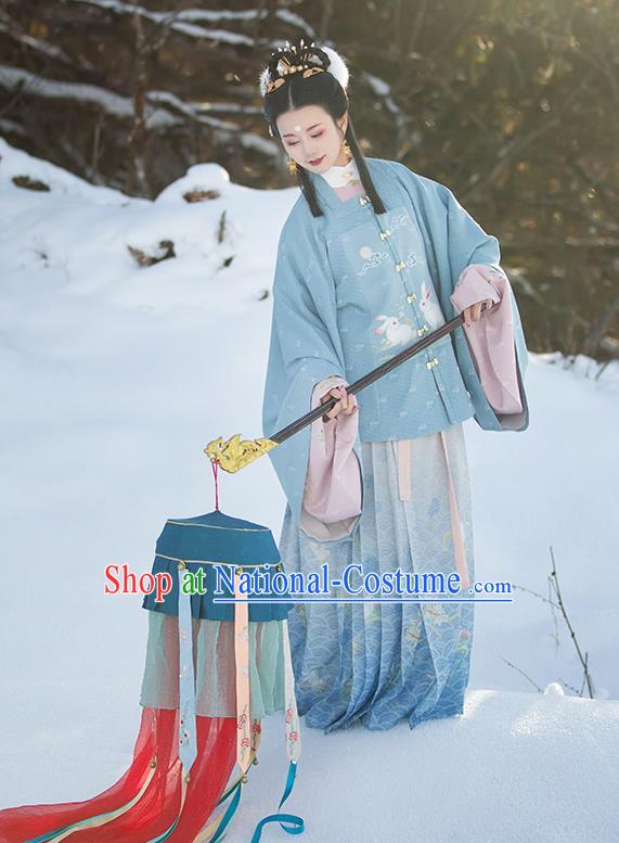 Chinese Ancient Patrician Lady Historical Costumes Traditional Ming Dynasty Hanfu Apparels Embroidered Blue Blouse and Skirt Complete Set