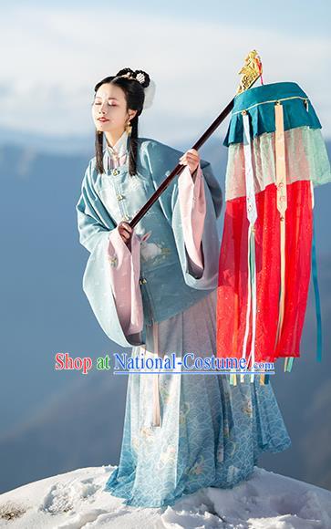 Chinese Ancient Patrician Lady Historical Costumes Traditional Ming Dynasty Hanfu Apparels Embroidered Blue Blouse and Skirt Complete Set