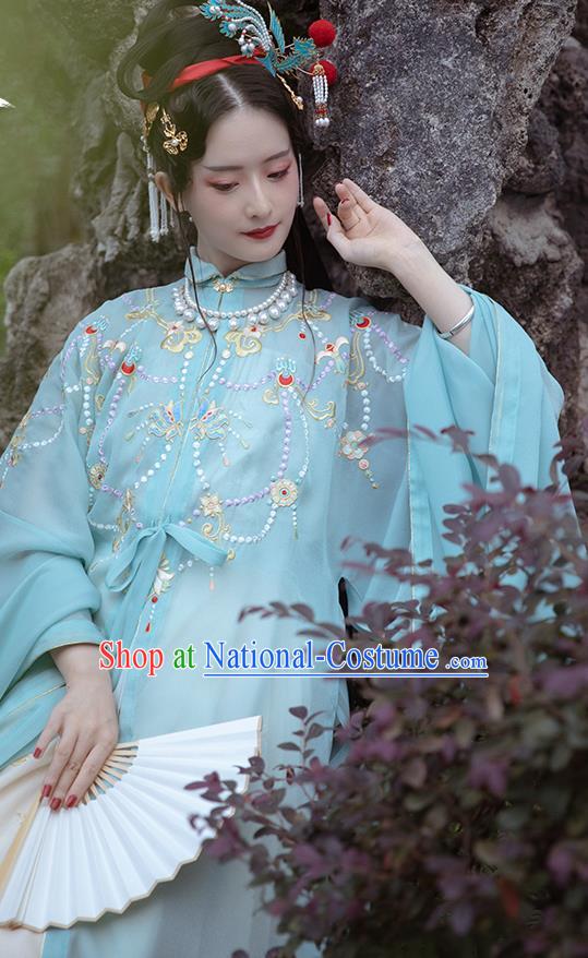 Chinese Ancient Imperial Concubine Historical Costumes Traditional Ming Dynasty Court Women Hanfu Apparels Embroidered Blue Gown and Skirt Full Set