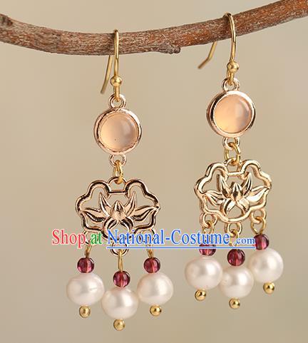 Chinese Handmade Garnet Earrings Classical Ear Accessories Hanfu Ming Dynasty Princess Golden Lotus Eardrop