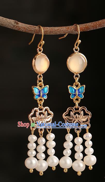 Chinese Handmade Blueing Butterfly Earrings Classical Ear Accessories Hanfu Ming Dynasty Princess Golden Lotus Eardrop