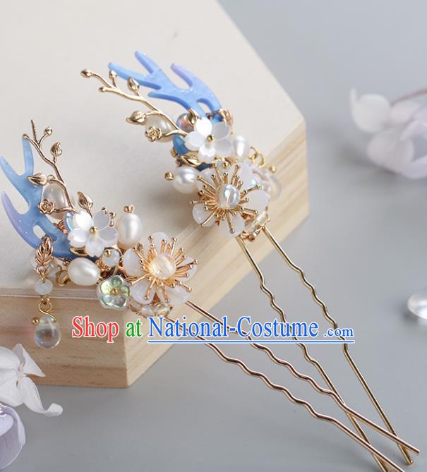 Chinese Classical Palace Pearls Plum Hair Stick Handmade Hanfu Hair Accessories Ancient Ming Dynasty Princess Hairpins