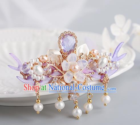 Chinese Classical Palace Purple Hair Crown Handmade Hanfu Hair Accessories Ancient Ming Dynasty Princess Crystal Hairpins