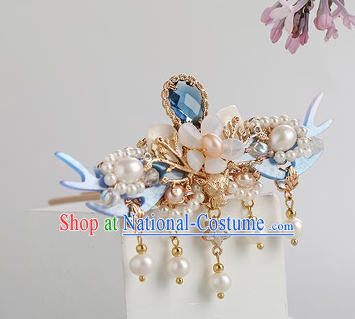 Chinese Classical Palace Blue Hair Crown Handmade Hanfu Hair Accessories Ancient Ming Dynasty Princess Crystal Hairpins