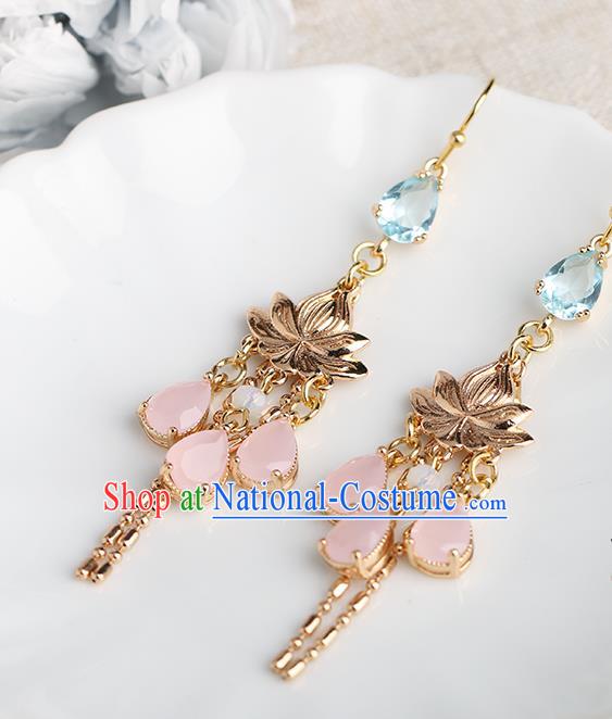 Chinese Handmade Golden Lotus Earrings Classical Ear Accessories Hanfu Ming Dynasty Princess Blue Crystal Eardrop