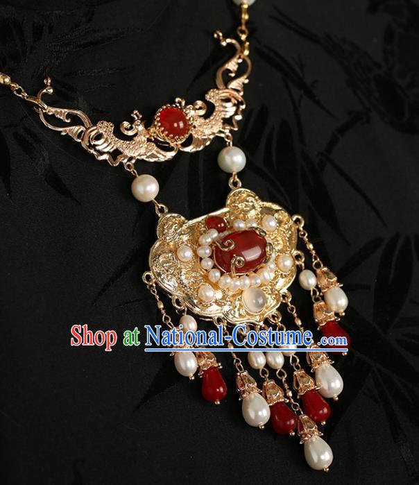 Chinese Handmade Pearls Tassel Necklet Classical Jewelry Accessories Ancient Ming Dynasty Princess Hanfu Agate Golden Necklace for Women