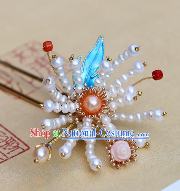 Chinese Classical Palace Chrysanthemum Hair Stick Handmade Hanfu Hair Accessories Ancient Ming Dynasty Princess Pearl Hairpins