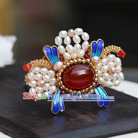 Chinese Classical Palace Blueing Hair Stick Handmade Hanfu Hair Accessories Ancient Ming Dynasty Princess Pearls Agate Hairpins