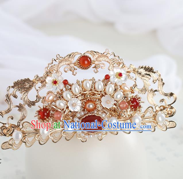 Chinese Classical Palace Pearls Hair Crown Handmade Hanfu Hair Accessories Ancient Tang Dynasty Princess Agate Golden Hairpins