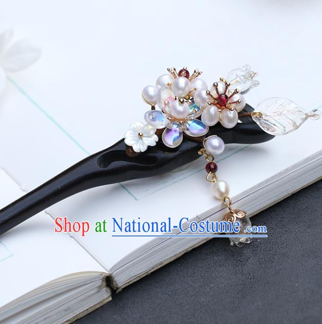 Chinese Classical Palace Pearls Hair Stick Handmade Hanfu Hair Accessories Ancient Qing Dynasty Princess Ebony Hairpins