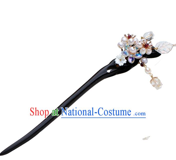 Chinese Classical Palace Pearls Hair Stick Handmade Hanfu Hair Accessories Ancient Qing Dynasty Princess Ebony Hairpins