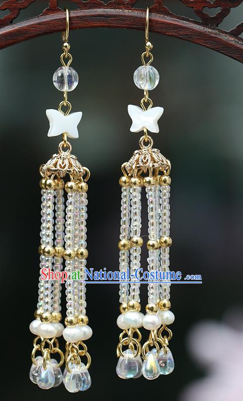 Chinese Handmade Beads Long Tassel Earrings Classical Ear Accessories Hanfu Ming Dynasty Princess Shell Butterfly Eardrop