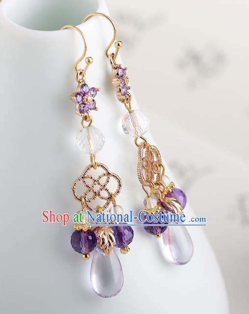 Chinese Handmade Purple Beads Earrings Classical Ear Accessories Hanfu Ming Dynasty Princess Tassel Eardrop