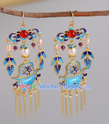 Chinese Handmade Blueing Orchid Earrings Classical Ear Accessories Hanfu Qing Dynasty Princess Pearls Agate Eardrop