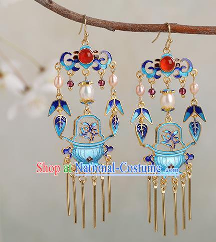 Chinese Handmade Blueing Orchid Earrings Classical Ear Accessories Hanfu Qing Dynasty Princess Pearls Agate Eardrop