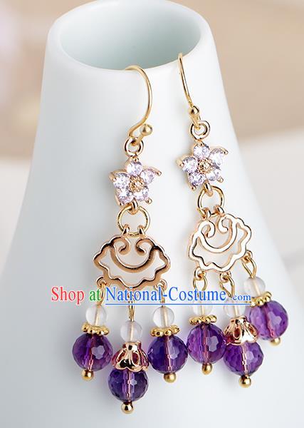 Chinese Handmade Purple Crystal Earrings Classical Ear Accessories Hanfu Qing Dynasty Princess Beads Eardrop