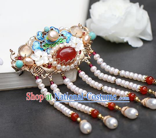 Chinese Classical Palace Blueing Peony Hair Crown Handmade Hanfu Hair Accessories Ancient Qing Dynasty Princess Beads Tassel Hairpins