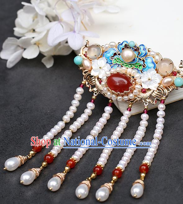 Chinese Classical Palace Blueing Peony Hair Crown Handmade Hanfu Hair Accessories Ancient Qing Dynasty Princess Beads Tassel Hairpins