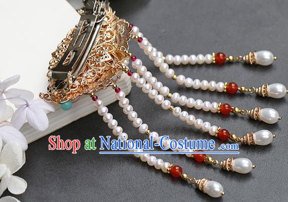 Chinese Classical Palace Blueing Peony Hair Crown Handmade Hanfu Hair Accessories Ancient Qing Dynasty Princess Beads Tassel Hairpins