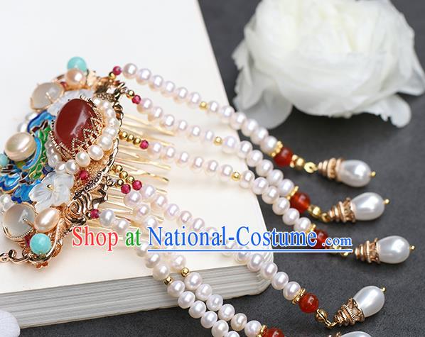 Chinese Classical Palace Blueing Peony Hair Crown Handmade Hanfu Hair Accessories Ancient Qing Dynasty Princess Beads Tassel Hairpins