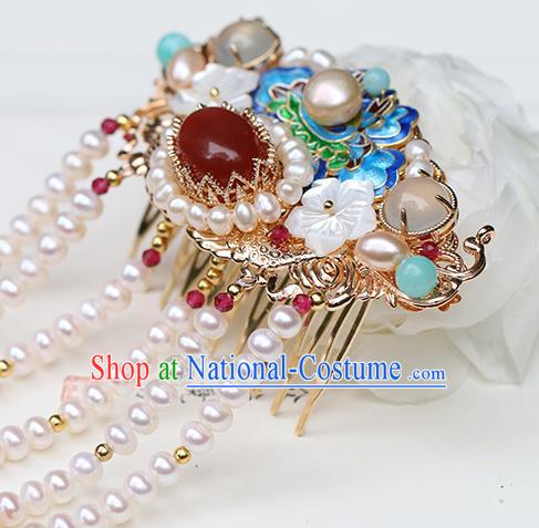 Chinese Classical Palace Blueing Peony Hair Crown Handmade Hanfu Hair Accessories Ancient Qing Dynasty Princess Beads Tassel Hairpins