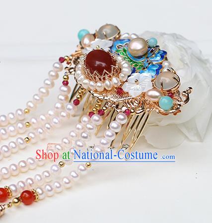 Chinese Classical Palace Blueing Peony Hair Crown Handmade Hanfu Hair Accessories Ancient Qing Dynasty Princess Beads Tassel Hairpins