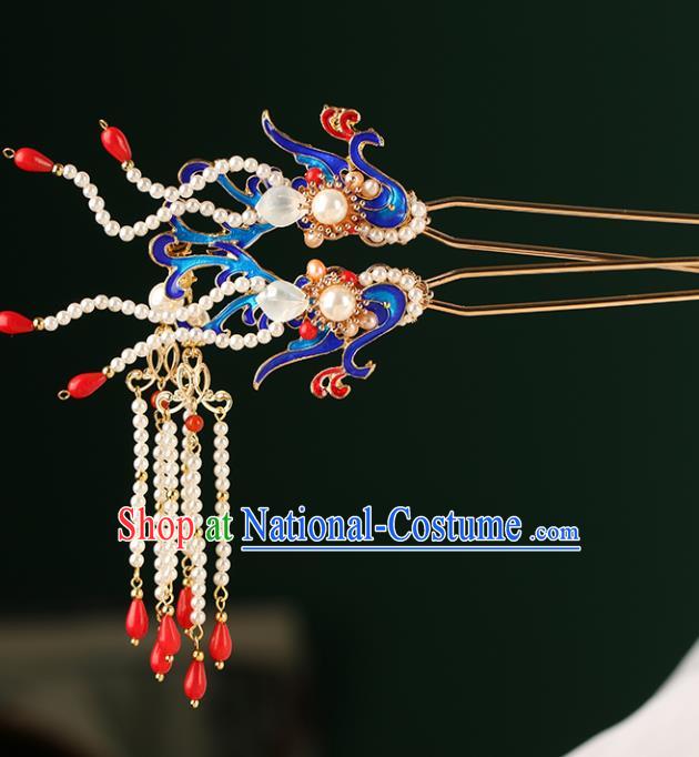 Chinese Classical Palace Blueing Phoenix Hair Stick Handmade Hanfu Hair Accessories Ancient Qing Dynasty Princess Pearls Tassel Hairpins