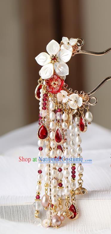 Chinese Classical Palace Pearls Tassel Hair Stick Handmade Hanfu Hair Accessories Ancient Ming Dynasty Empress Shell Plum Hairpins