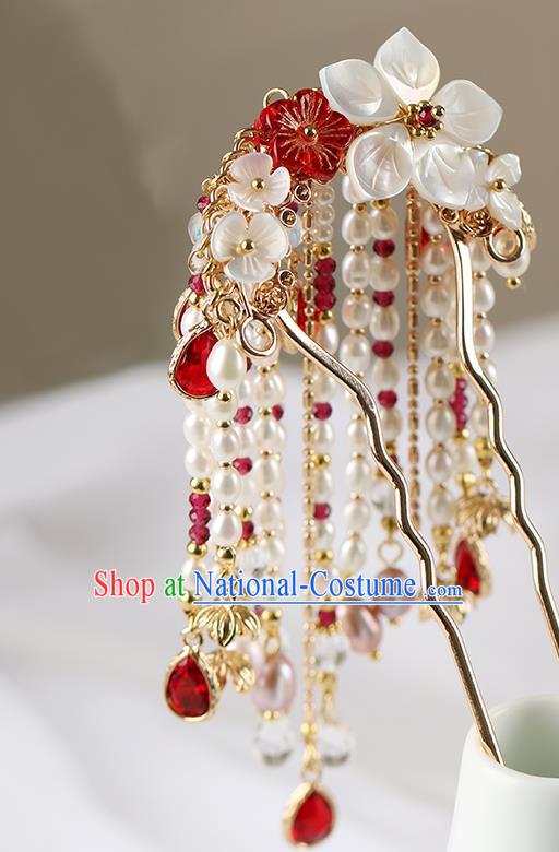 Chinese Classical Palace Pearls Tassel Hair Stick Handmade Hanfu Hair Accessories Ancient Ming Dynasty Empress Shell Plum Hairpins